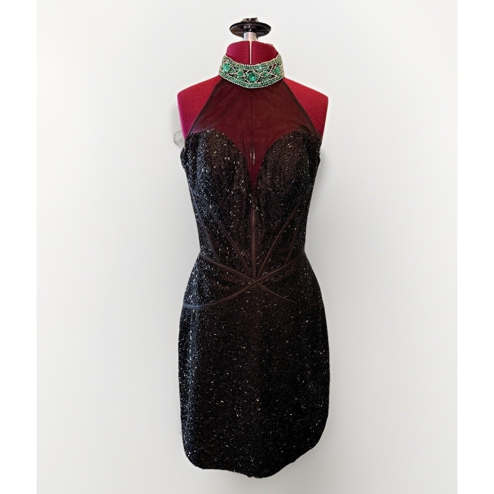 Sherri Hill Black Beaded Sequin Cocktail beautiful green gems Dress Size 4